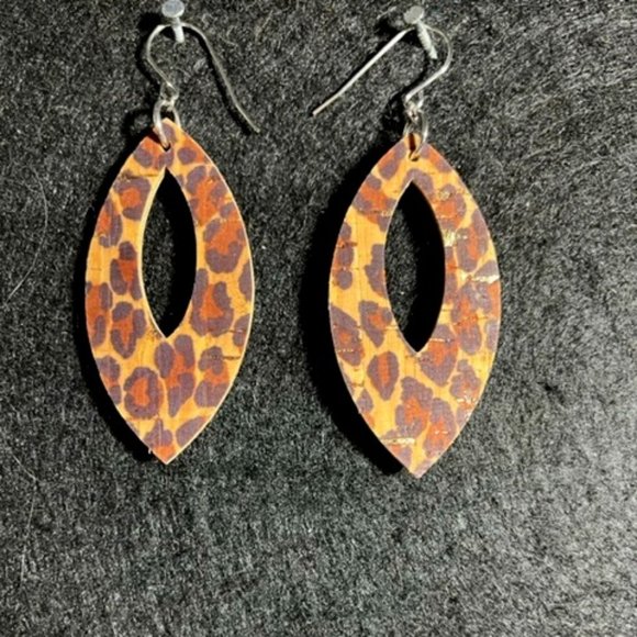 Leather on Cork Leopard Print Earrings - Picture 1 of 2